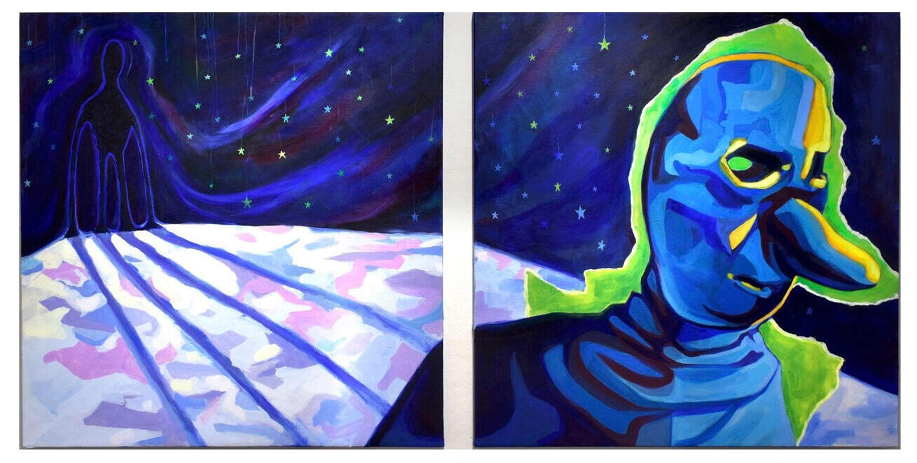 Who&#39;s With Me? Acrylic on two 30&quot; x 30&quot; canvases. April 2024.