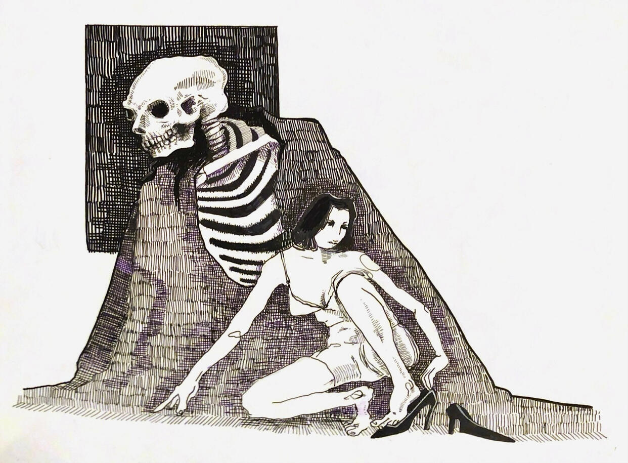 curtain for costume change Pen on Bristol board. August 2024.