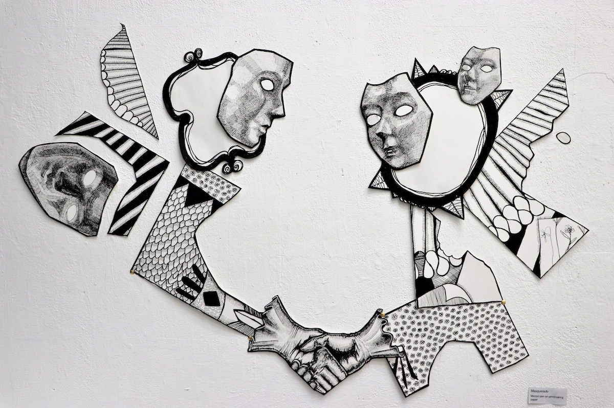 Masquerade Pen and marker on cut out printmaking paper. February 2023.